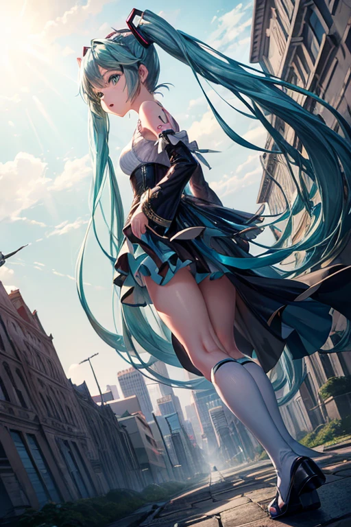 (masterpiece), Highest quality, Expressive eyes, Perfect Face, hatsune miku, Dominant, Queen, Glare, Pitiful look, GTS, Looming, Stepping, GTSCity, rampage, My feet are approaching, A shot looking up at approaching feet, Underfoot perspective, I&#39;m about to get trampled