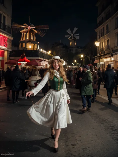 a blond woman in 1890s parisian fashion with a long, flowing dress of deep emerald green, a wide-brimmed hat adorned with feathe...