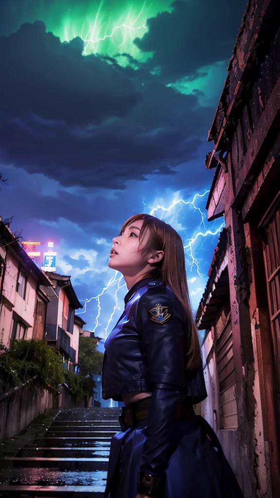 Lightning-like aura、In an abandoned city、sexy、Combat Uniform、Girl，Looking up at the approaching woman from below、cute、(魔法で町を破壊するGirl:1.2)、Mischievous look、White skin、