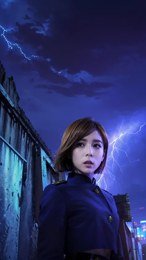 lightning-like aura、in an abandoned city、sexy、combat uniform、girl，looking up at the approaching woman from below、cute、(魔法で町を破壊する...