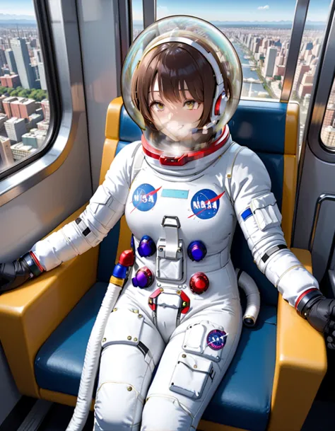 space helmet, sitting on a chair, train interior, , city view, night view: 1.5), space helmet, eva helmet, space suit, astronaut...