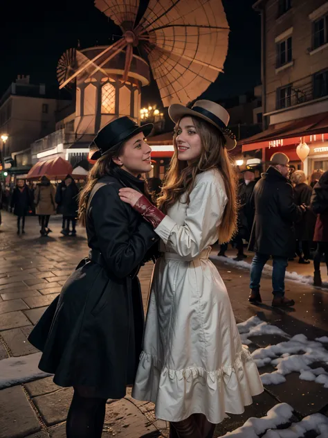 a blond woman in 1890s parisian fashion with a long, flowing dress of deep emerald green, a wide-brimmed hat adorned with feathe...