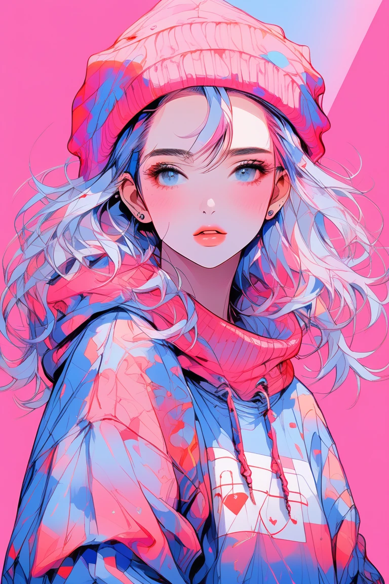 (Highest quality:0.8), (Highest quality:0.8), Perfect illustration((masterpiece, Highest quality)), Illustrator, anime , Realistic ,sketch , 1 girl, ,lip, sweater,order, Blue gradient background, Neon Hair,Texture Trim, Canadian, (masterpiece,Highest quality) Cancer