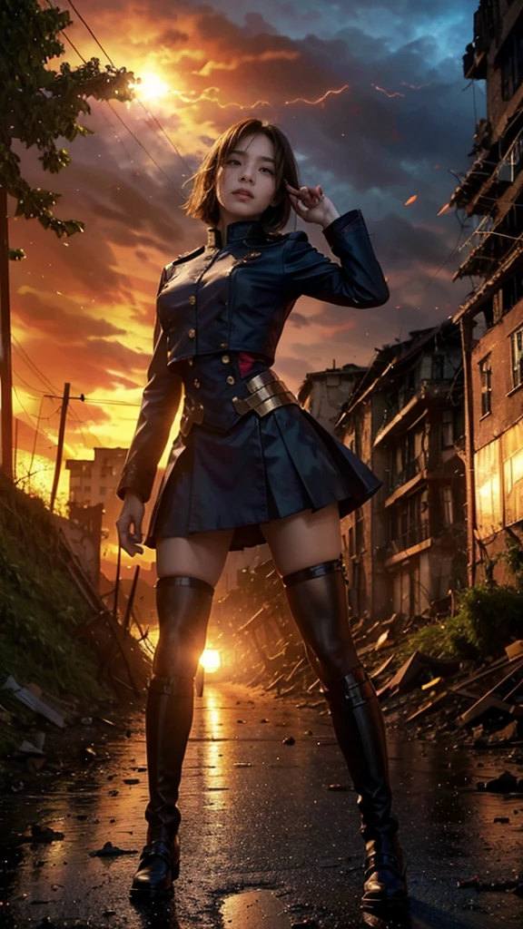 (Giantess element, high resolution, high quality, accurate body structure, detailed body), focus on girl,
BREAK,
Sexy, combat uniform, girl, looking up at approaching woman from below, cute, (girl destroying town with magic: 1.2), mischievous expression, white skin, smiling, trampling, walking, anatomically correct, accurate human body, accurate skeleton, full body portrait, shock wave from girl's hand, magic shock wave,
BREAK,
Destroying town, rubble, burning town, destroyed building, collapsed highway, car being crushed, evacuation of residents, sunset, burning town, rubble scattered at feet, increasing destructive elements, lightning-like aura, in ruined city,