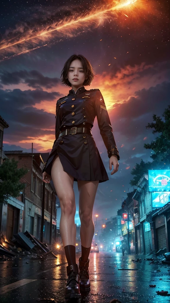 (Giantess element, high resolution, high quality, accurate body structure, detailed body), focus on girl,
BREAK,
Sexy, combat uniform, girl, looking up at approaching woman from below, cute, (girl destroying town with magic: 1.2), mischievous expression, white skin, smiling, trampling, walking, anatomically correct, accurate human body, accurate skeleton, full body portrait, shock wave from girl's hand, magic shock wave,
BREAK,
Destroying town, rubble, burning town, destroyed building, collapsed highway, car being crushed, evacuation of residents, sunset, burning town, rubble scattered at feet, increasing destructive elements, lightning-like aura, in ruined city,