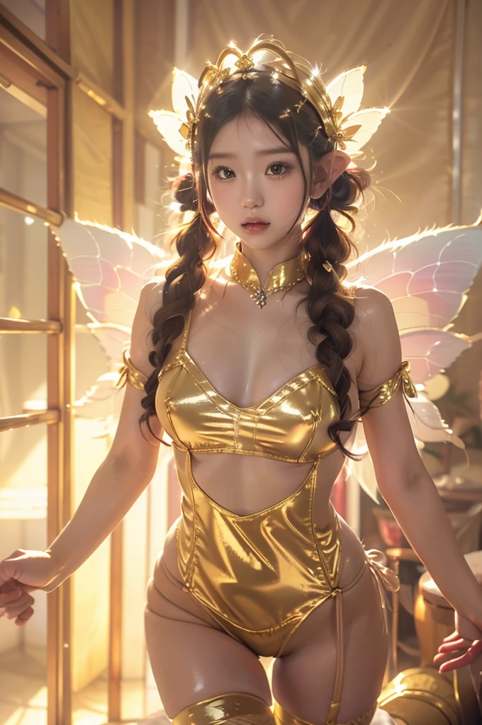 Japanese cute girl dressed as Kannon Bodhisattva, (wearing a golden leotard), ((wearing white fishnet stockings)), wearing a treasure crown on her head, Golden Transparent Fluttering Robes, ((In front of the luxurious golden wall)), (very young girl), , oily body, (((twin tail hair))), straight twintail hair, white skin, standing, (She has fairy wings on her back), (((huge breasts))), (((realistic))), (((High resolution)))