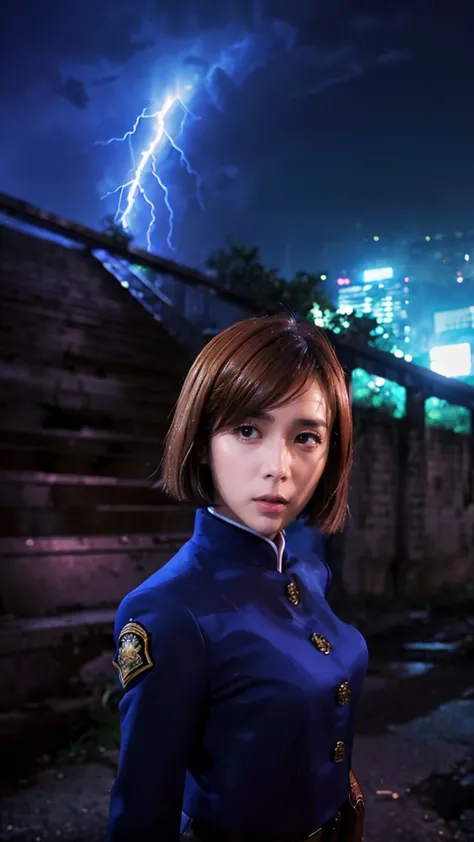 lightning-like aura、in an abandoned city、sexy、combat uniform、girl，looking up at the approaching woman from below、cute、(魔法で町を破壊する...