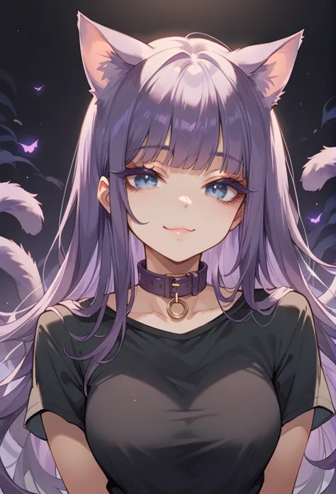 1girl, cat ears, purple cat tail, long hair, bangs, purple hair, gorgeous blue eyes, eyeliner, long lashes, soft smile, collar, ...