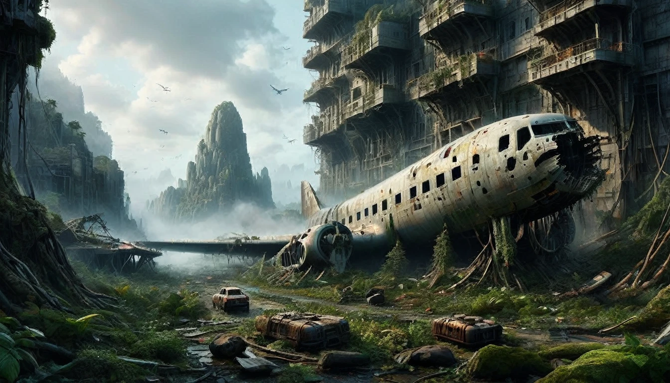 A vivid and detailed description of a dystopian sci-fi landscape with a huge, ruined vertical metropolis. The collapsed Boeing. The cityscape should contain magnificent, crumbling stone buildings of complex design. Including a huge vertical cityscape, it seems to be a mixture of ancient and futuristic elements. It also describes the abandoned technology scattered throughout the city, such as tangled wires and huge broken computers, a passenger plane covered in moss. Finally, it conveys a sense of despair and desolation through words, creating a sense of desolation and grandeur. The language should be rich, descriptive and stimulating.