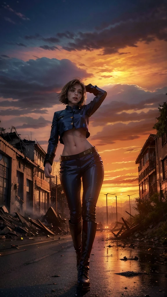 (Giantess element, high resolution, high quality, accurate body structure, detailed body), focus on girl,
BREAK,
Sexy, combat uniform, girl, looking up at approaching woman from below, cute, (girl destroying town with magic: 1.2), mischievous expression, white skin, smiling, trampling, walking, anatomically correct, accurate human body, accurate skeleton, full body portrait, shock wave from girl's hand, magic shock wave,
BREAK,
Destroying town, rubble, burning town, destroyed building, collapsed highway, car being crushed, evacuation of residents, sunset, burning town, rubble scattered at feet, increasing destructive elements, lightning-like aura, in ruined city,