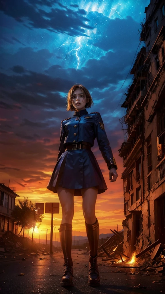 (Giantess element, high resolution, high quality, accurate body structure, detailed body), focus on girl,
BREAK,
Sexy, combat uniform, girl, looking up at approaching woman from below, cute, (girl destroying town with magic: 1.2), mischievous expression, white skin, smiling, trampling, walking, anatomically correct, accurate human body, accurate skeleton, full body portrait, shock wave from girl's hand, magic shock wave,
BREAK,
Destroying town, rubble, burning town, destroyed building, collapsed highway, car being crushed, evacuation of residents, sunset, burning town, rubble scattered at feet, increasing destructive elements, lightning-like aura, in ruined city,