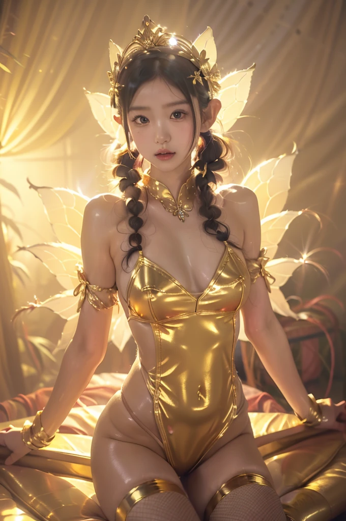 Japanese cute girl dressed as Kannon Bodhisattva, (wearing a golden leotard), ((wearing white fishnet stockings)), wearing a treasure crown on her head, Golden Transparent Fluttering Robes, ((In front of the luxurious golden wall)), (very young girl), , (((oily body))), (((twin tail hair))), straight twintail hair, white skin, standing, (She has fairy wings on her back), (((huge breasts))), (((realistic))), (((High resolution)))