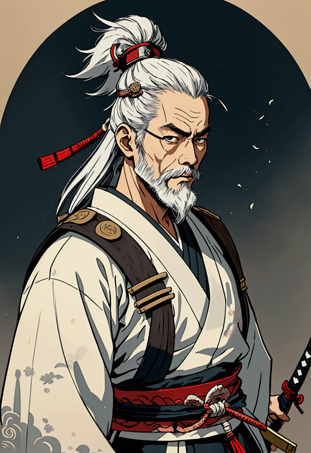 Samurai,historic, Gray Hair,White long beard,Alafed image of a man with a sword in his hand, Japanese sword,samurai portrait, inspired by Kanō Sanraku, miyamoto musashi, ancient Japanese Samurai, samurai portrait, Japanese Samurai, Inspired by Wu Daozi, Samurai Style, Samurai Man Wanderer, Traditional Japanese concept art, Works inspired by Kano Hogai
