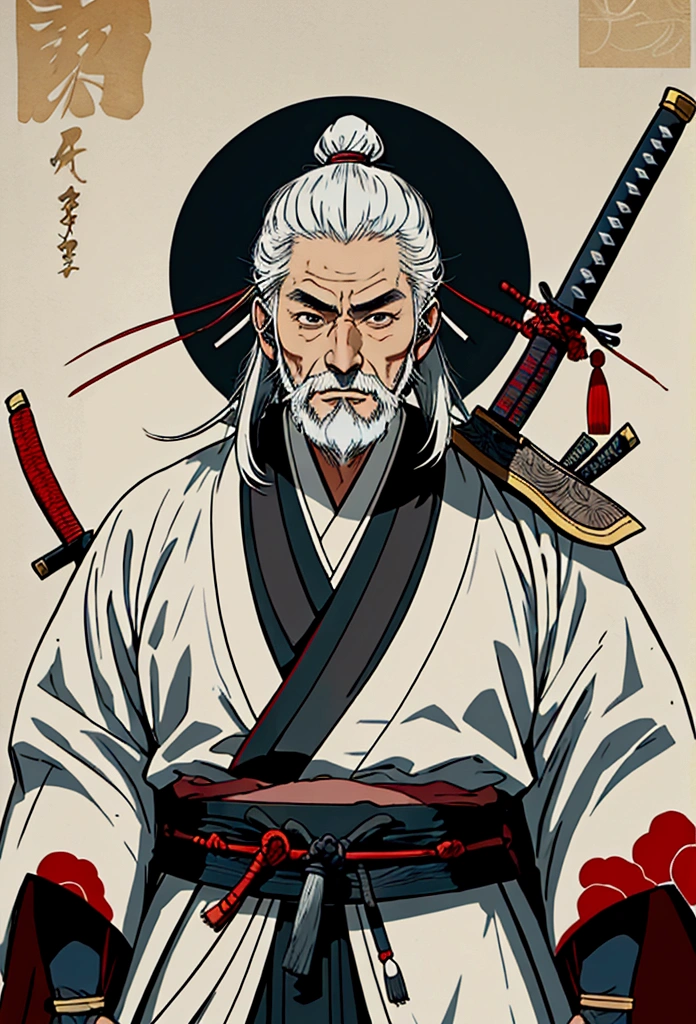 Samurai,historic, Gray Hair,White long beard,Alafed image of a man with a sword in his hand, Japanese sword,samurai portrait, inspired by Kanō Sanraku, miyamoto musashi, ancient Japanese Samurai, samurai portrait, Japanese Samurai, Inspired by Wu Daozi, Samurai Style, Samurai Man Wanderer, Traditional Japanese concept art, Works inspired by Kano Hogai
