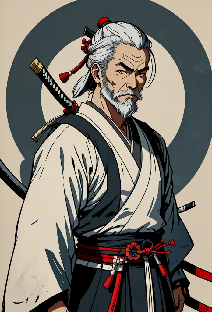 Samurai,historic, Gray Hair,White long beard,Alafed image of a man with a sword in his hand, Japanese sword,samurai portrait, in...