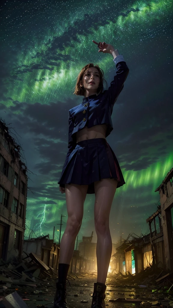 (Giantess element, high resolution, high quality, accurate body structure, detailed body),
BREAK,
Sexy, uniform, girl, looking up at approaching woman from below, cute, (girl destroying town with magic: 1.2), mischievous expression, white skin, smiling, walking, anatomically correct, accurate human body, accurate skeleton, whole body, shock wave from girl's hand, magic shock wave,
BREAK,
Rubbish, destroyed building, collapsed highway, burning town, rubble scattered at feet, lightning-like aura, in ruined city,