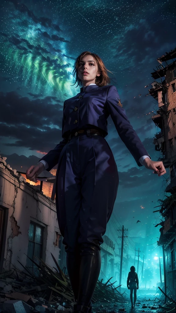 (Giantess element, high resolution, high quality, accurate body structure, detailed body),
BREAK,
Sexy, uniform, girl, looking up at approaching woman from below, cute, (girl destroying town with magic: 1.2), mischievous expression, white skin, smiling, walking, anatomically correct, accurate human body, accurate skeleton, whole body, shock wave from girl's hand, magic shock wave,
BREAK,
Rubbish, destroyed building, collapsed highway, burning town, rubble scattered at feet, lightning-like aura, in ruined city,