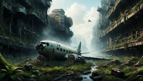 a vivid and detailed description of a dystopian sci-fi landscape with a huge, ruined vertical metropolis. the collapsed boeing. ...