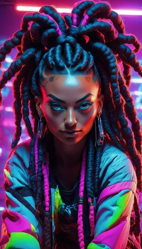 araffe woman with dreadlocks and neon clothing in a neon room., neon atmospheres, spectacular and colorful lighting, ultraviolet...