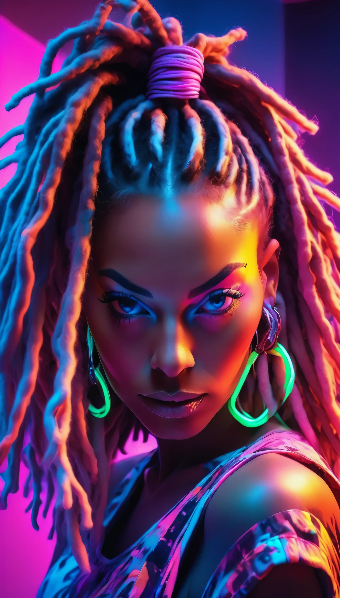 plano general, whole body centered, pose sensual, Araffe woman with dreadlocks and neon clothing in a neon room., neon atmospheres, spectacular and colorful lighting, ultraviolet and neon colors, shining with colored light, Neon colors, spectacular lighting and colors, Vibrant backlit, vibrant neon colors, colorful glow, fashion color studio lighting, bright Neon colors, vibrant hues, neon color, neon atmosphere, neon tones