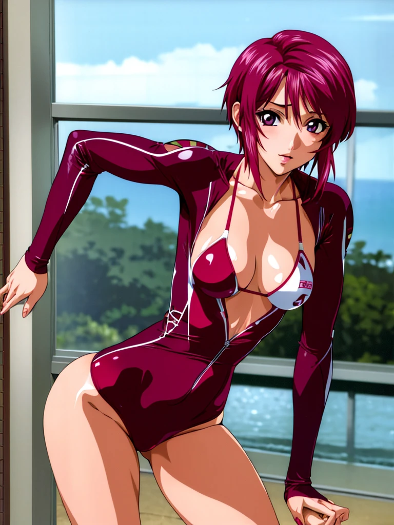 masterpiece, Highest quality, High resolution, One Girl, alone, Pink competitive swimsuit, short hair, Redhead, Purple eyes, Purple Hair, Long sleeve,Sensual look, Leaning forward,