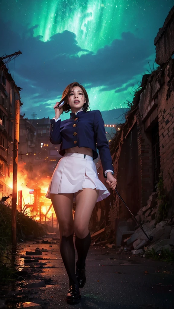 (Giantess element, high resolution, high quality, accurate body structure, detailed body),
BREAK,
Sexy, uniform, girl, looking up at approaching woman from below, cute, (Girl destroying town with magic: 1.2), mischievous expression, white skin, smiling, walking, anatomically correct, accurate human body, accurate skeleton, shock wave from girl's hand, magic shock wave,
BREAK,
Rubbish, destroyed building, collapsed highway, burning town, rubble scattered at feet, lightning-like aura, in ruined city,