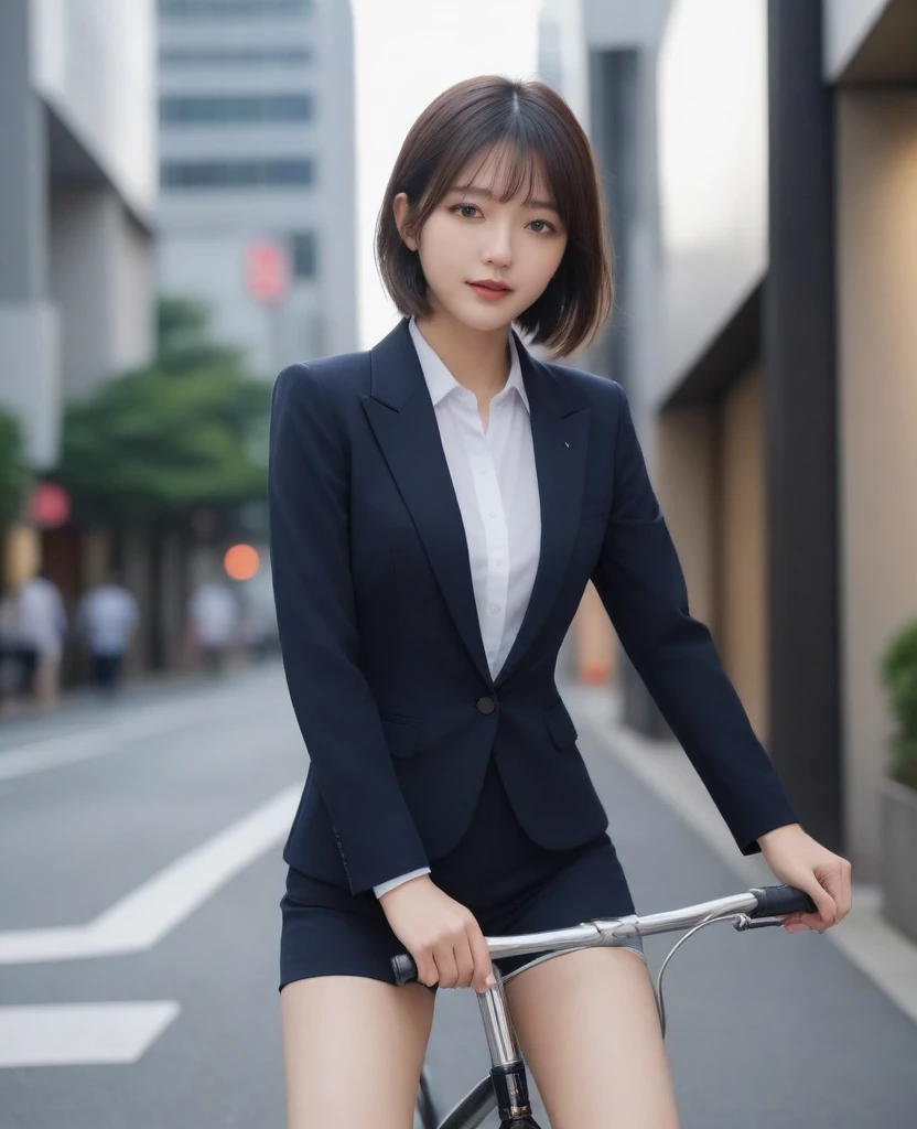 8k, photo realistic, Scores 9, 8, 7, 6, medium closeup, detailed, very sharp, vivid, solo, biking through Tokyo street, jacket, high heel, long legs, beautiful eyes, office suits, basket, (((riding bicycle))), bicycle, short hair, front view, low angle, going fast,  depth of field, beautiful breasts, slender,  the most beautiful woman, double eyelid, cute japanese woman, 25 yo, strong wind, slim beautiful legs, sexy pantie stocking, foot on pedal