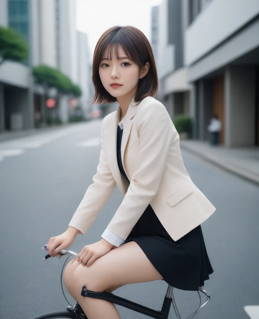 8k, photo realistic, Scores 9, 8, 7, 6, medium closeup, detailed, very sharp, vivid, solo, biking through Tokyo street, jacket, high heel, long legs, beautiful eyes, office suits, basket, (((riding bicycle))), bicycle, short hair, front view, low angle, going fast,  depth of field, beautiful breasts, slender,  the most beautiful woman, double eyelid, cute japanese woman, 25 yo, strong wind, slim beautiful legs, sexy pantie stocking, foot on pedal