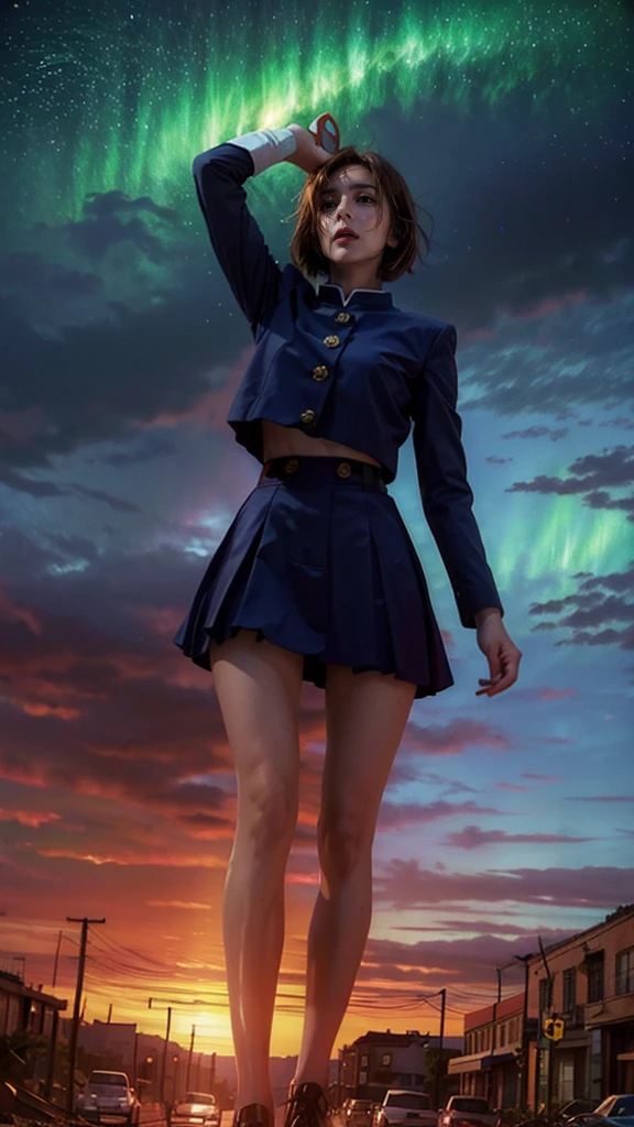 (Giantess element, high resolution, high quality, accurate body structure, detailed body),
BREAK,
Sexy, uniform, girl, looking up at approaching woman from below, cute, (Girl destroying town with magic: 1.2), mischievous expression, white skin, smiling, walking, anatomically correct, accurate human body, accurate skeleton, shock wave from girl's hand, magic shock wave,
BREAK,
Rubbish, destroyed building, collapsed highway, burning town, rubble scattered at feet, lightning-like aura, in ruined city,