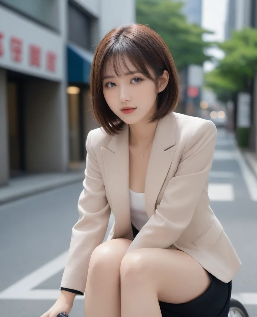 8k, photo realistic, Scores 9, 8, 7, 6, medium closeup, detailed, very sharp, vivid, solo, biking through Tokyo street, jacket, high heel, long legs, beautiful eyes, office suits, basket, (((riding bicycle))), bicycle, short hair, front view, low angle, going fast,  depth of field, beautiful breasts, slender,  the most beautiful woman, double eyelid, cute japanese woman, 25 yo, strong wind, slim beautiful legs, sexy pantie stocking, foot on pedal