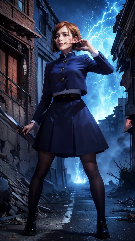 (Giantess element, high resolution, high quality, accurate body structure, detailed body),
BREAK,
Navy blue navy uniform, girl, skirt, looking up at approaching woman from below, cute, (Girl destroying town with magic: 1.2), mischievous expression, white skin, smiling, walking, anatomically correct, accurate human body, accurate skeleton, shock wave from girl's hand, magic shock wave,
BREAK,
Rubbish, destroyed buildings, collapsed highway, burning town, rubble scattered at feet, lightning-like aura, in ruined city,