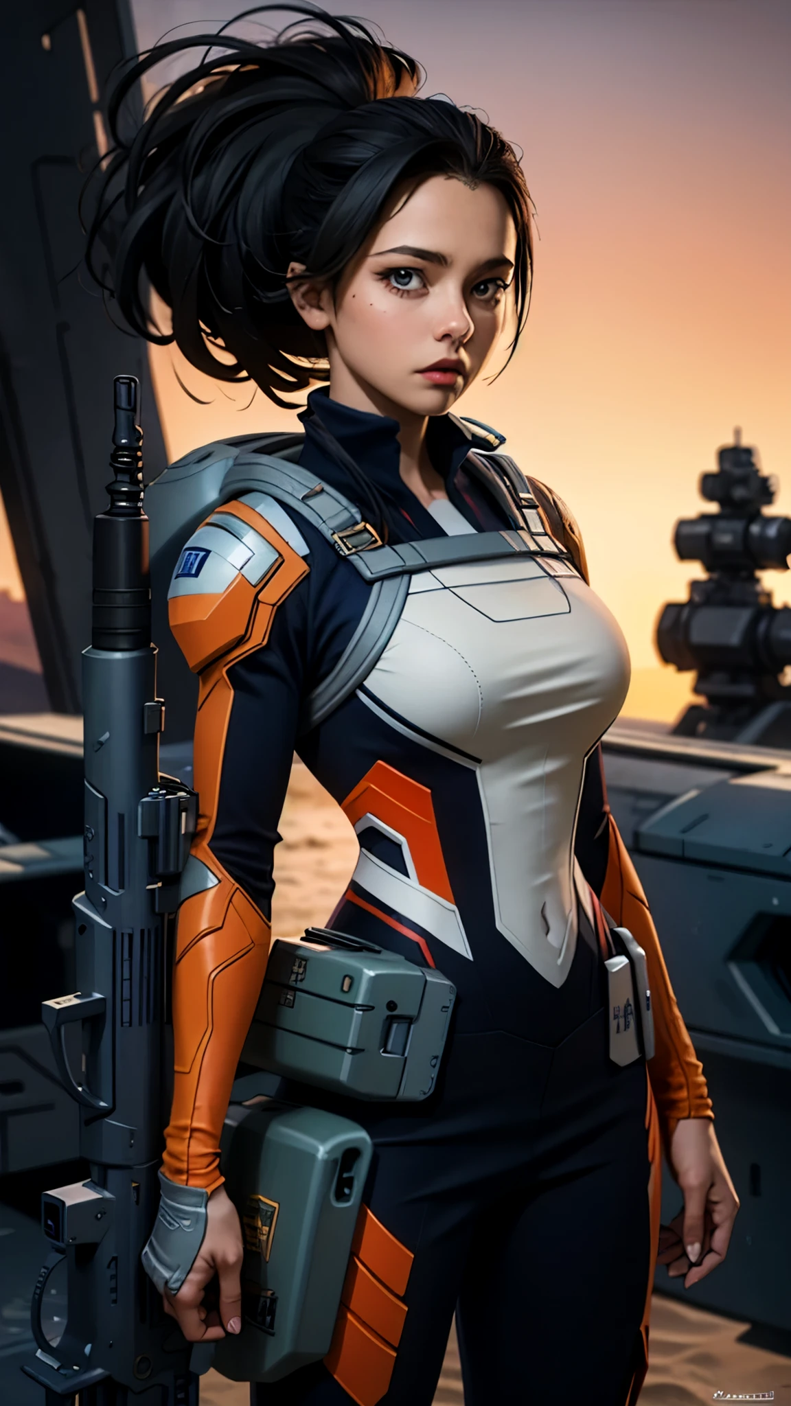 a woman holding a weapon in front of a spaceship, hyperrealistic fantasy art, eternal fatality, female assault soldier, sky planet background, inspired by Jan Victors,  with shotgun in foreground, oriana, grey orange, Dune (2021) --16:9 ratio, 5.1 sound