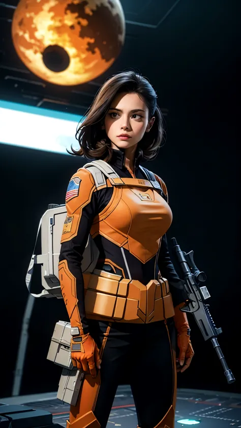 a woman holding a weapon in front of a spaceship, hyperrealistic fantasy art, eternal fatality, female assault soldier, sky plan...