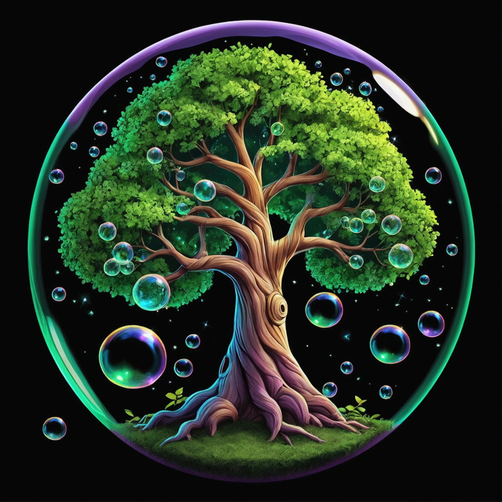 bubble sign sticker, 3D neon art, in the dark night, (an ancient magic tree), (A whole tree in a bubble), (Green leaves: 1.3), big roots growing on the ground, leaves falling from trees, There are many colorful fireflies around the tree,(( Little stars twinkling in the bubbles)), There are dozens of purple glowing crystals around the roots, ((White background)), Detailed leaves, Detailed tree, detailed color, Super detailed, High resolution, 32K, colorful style, Photo-realistic, Image center alignment