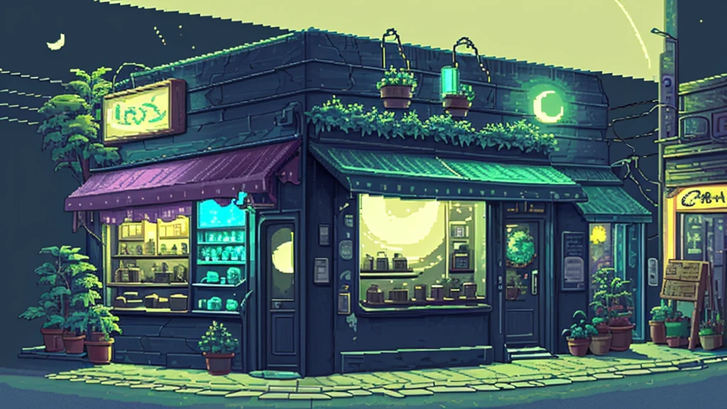 No humans, Outdoor, null, night, moon, plant, coffee shop, star (null), night null, scenery, city, sign, potted plant, Wide Shot, crescent moon, Neon Light, Pixel art, 