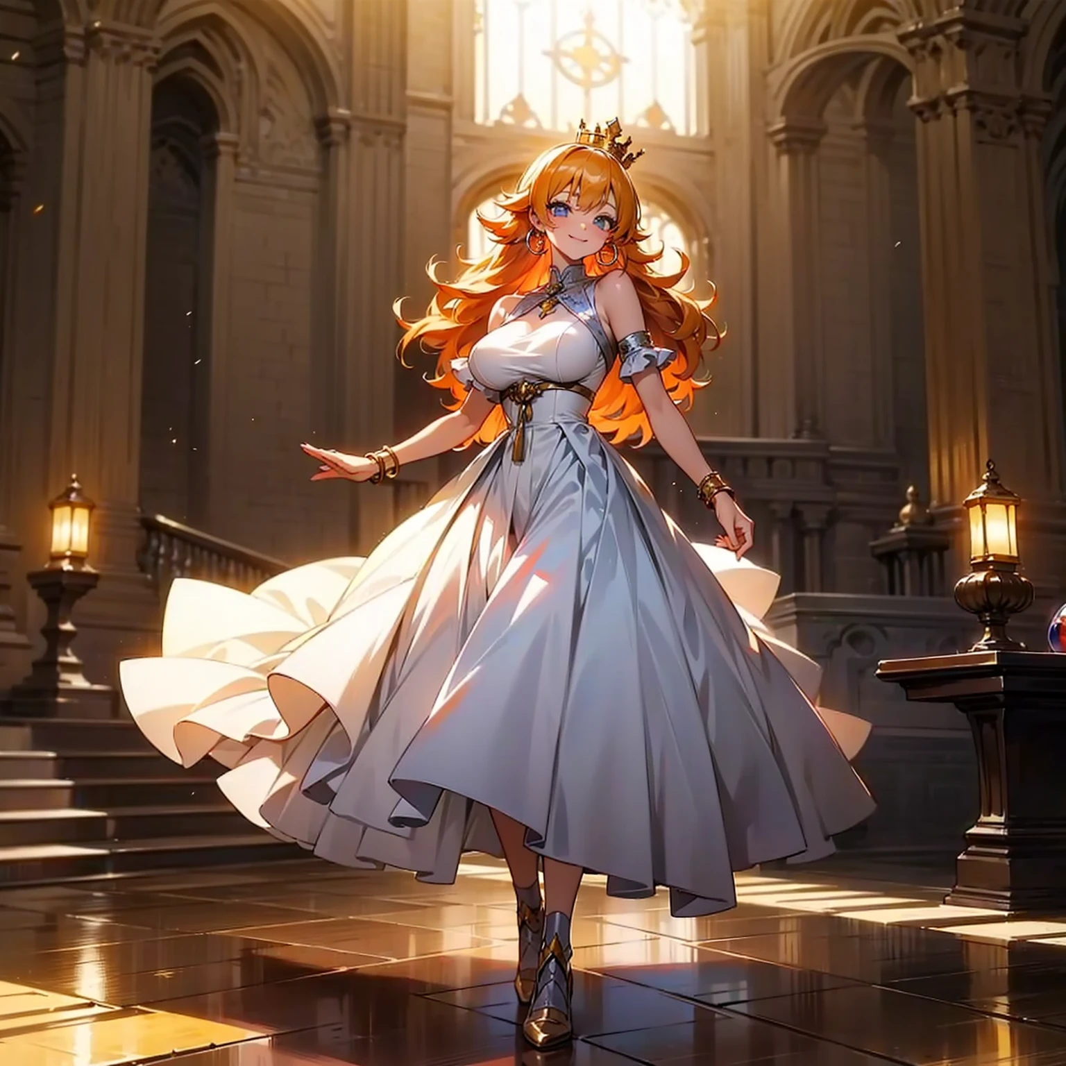 (solo), (white dress), (queen dress), (smile), pale skin, (pale), indoor, big Castle, big breasts, smile mouth, happy, radiant glow, (cowboy shot), (holy aura), long curly hair, ginger hair, hoop earrings, gold bracelets, Golden crown, bare shoulders, greenlands, (full body version),