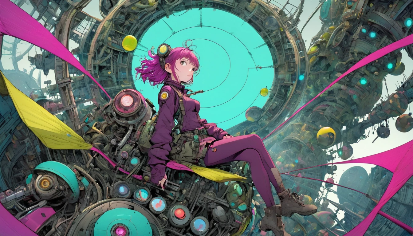 ((pay attention to the plan:1.5, General plan, all-body:1.5)), 1 beautiful girl in technical clothes, Mechanical spider, circles, fractals,,Travis Charest. colors, land, Cyan, yellow, Unripe. magenta, violet, Cyan, High definition, image hypersharpness,(best qualityer:1.3, 32 mil,High definition:1.3, 4x ,ultra sharp, high resolution, proffesional) ,cinematographic, Fisheye photography:1.6,