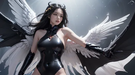 emphasis on wings, wings on shoulder, angel wings and devil wings, white wings and black wings, (realistic picture, highest reso...