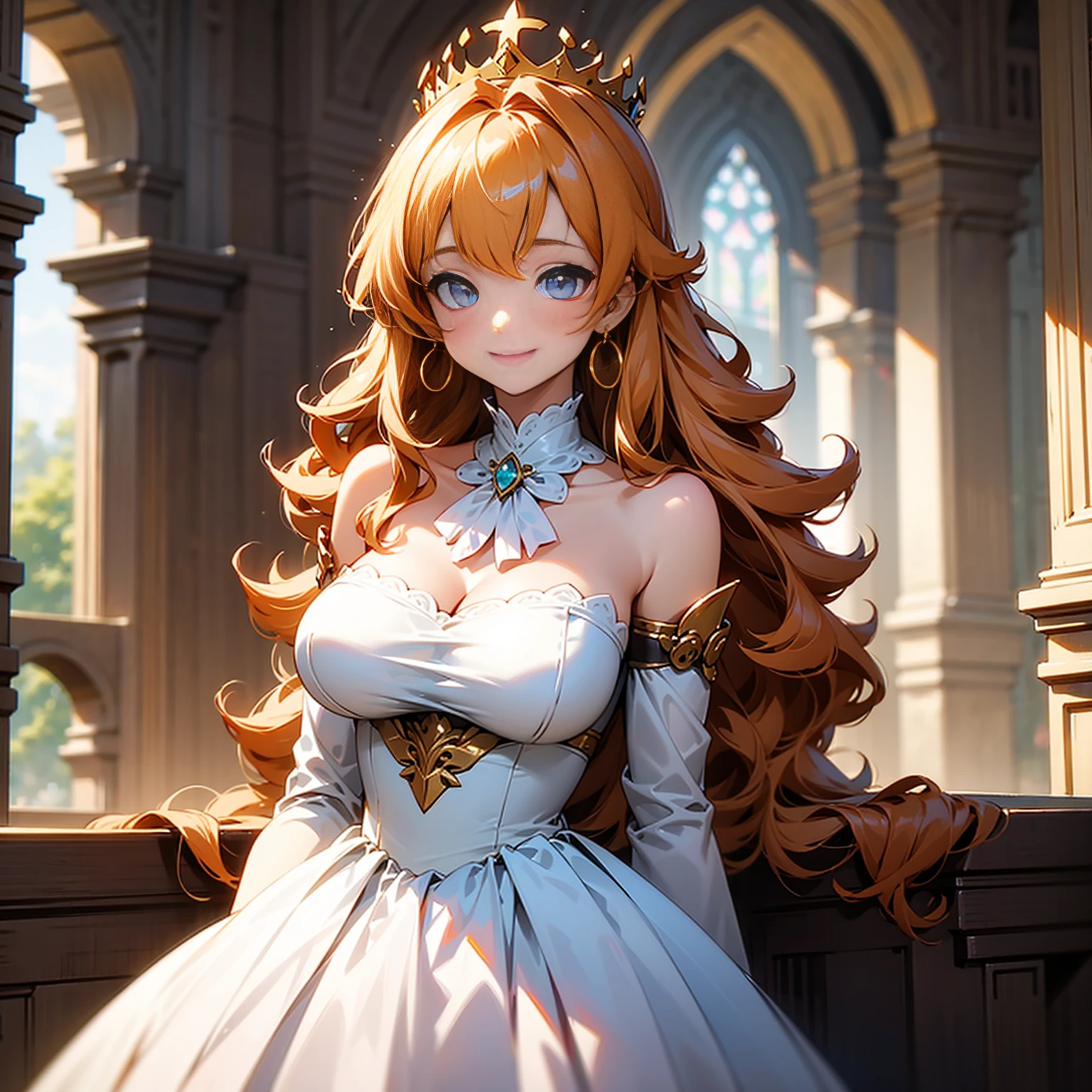 (solo), (white dress), (queen dress), (smile), pale skin, (pale), indoor, big Castle, big breasts, smile mouth, happy, radiant glow, (cowboy shot), (holy aura), (long curly hair), ginger hair, hoop earrings, gold bracelets, Golden crown, bare shoulders, greenlands, (upper body version),