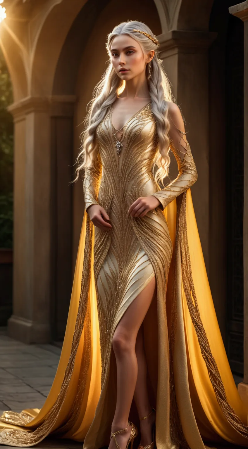 image of a {1elven stunning pose, standing elegant still, photo_model pose, bright shining golden haute couture royal regalia ro...