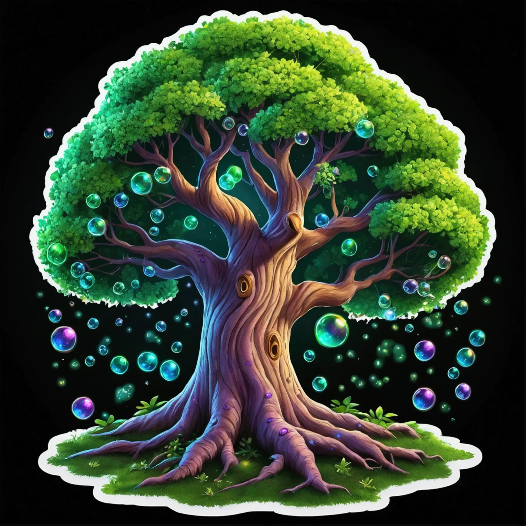 bubble sign sticker, 3D neon art, in the dark night, (an ancient magic tree),(Green leaves: 1.3), big roots growing on the groun...