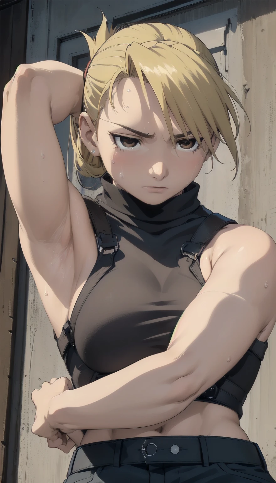 masterpiece, Highest quality, High resolution, One Girl, Hamriz, ponytail, Brown eyes,big , Black Shirt, Tight shirt, holster, Short sleeve, belt, Covered navel, Blue pants,indoor、Upper body close-up、Muscular body、blush、Sweat、Composition from the front、anime、(((Close-up of a person、Raise your arms、Both armpits exposed、Sweat、look forward to)))