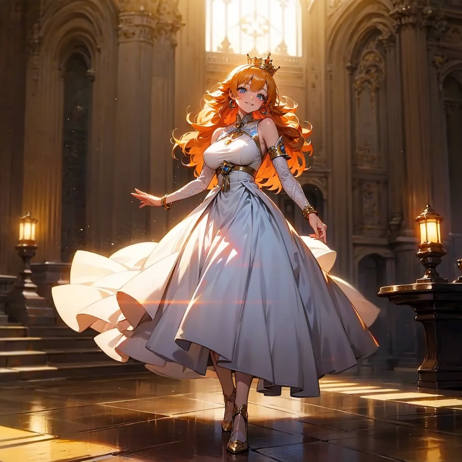 (solo), (white dress), (queen dress), (smile), pale skin, (pale), indoor, big Castle, big breasts, smile mouth, happy, radiant glow, (cowboy shot), (holy aura), long curly hair, ginger hair, hoop earrings, gold bracelets, Golden crown, bare shoulders, greenlands, (full body version), detailed background, detailed clothing 