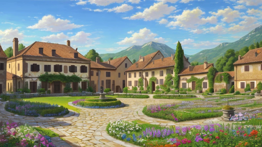 (manor), building, (wine), (garden), Italy, village, clean, masterpiece, Paved road, Highest quality, (Realistic, Painting Style), blue sky, cloud