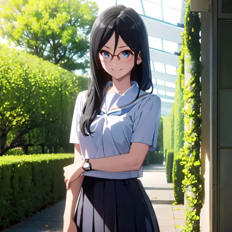 คุณภาพดีatสุด, masterpiece, high resolution, alone, (garden:1.13), asuka_tanaka,  black_hair, long_hair, glasses, light blue_eye...