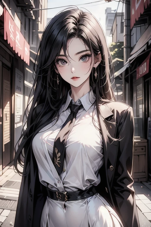 highest quality, masterpiece, high resolution,only {Black business suit:1.40} {tie:1.20} {sunglasses:1.25} {White gloves:1.15} { White shirt:1.10} {Black Skirt:1.15} good looking {Medusa_FGO:1.15} length_hair, Red_hair, very_length_hair, purple_eye, chest, big_chest, 1girl, solo, white background, Street backdrop, upper body, looking at viewer, bare arms, folded arms, หน้าหยิ่ง