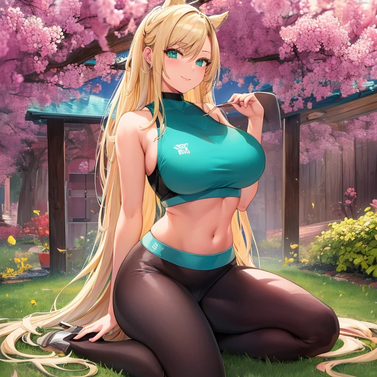 masterpiece, Best Quality, (((Mature woman solo ))), (((long blonde hair))), Horse tail, bunker, (((Wide hips))), (((aqua green eyes))), full lips, seductive smile, neckline, (kneeling on a rug in the backyard), outdoor,  Sunset, blush, (((wearing red yoga pants with black sports bra))), [janet], [Alicia], "beautiful mature face" , Age 30 , milf , adult