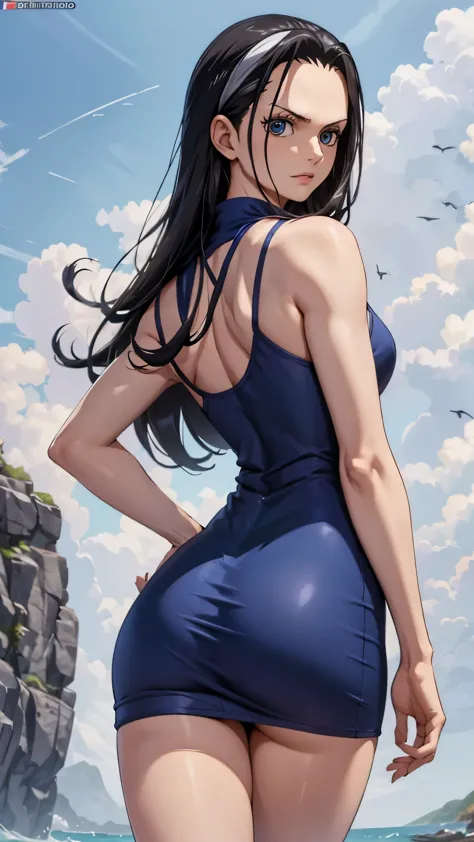 girl, Nico Robin, one piece, Navy blue short dress without print, big , big ass, debtrom behind, debt/16, 85mm, masterpiece, Ana...