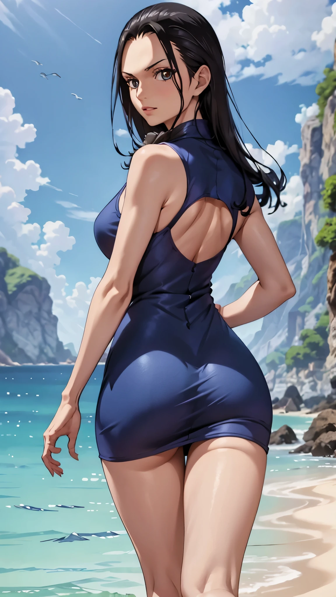 girl, Nico Robin, one piece, Navy blue short dress without print, big , big ass, debtrom behind, debt/16, 85mm, masterpiece, Anatomically correct, Super Detail, Attention to detail, high quality, 最high quality, High resolution, 4K