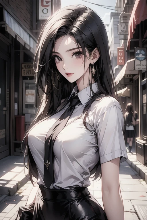 highest quality, masterpiece, high resolution,only {Black business suit:1.40} {tie:1.20} {sunglasses:1.25} {White gloves:1.15} { White shirt:1.10} {Black Skirt:1.15} good looking {Medusa_FGO:1.15} length_hair, Red_hair, very_length_hair, purple_eye, chest, big_chest, 1girl, solo, white background, Street backdrop, upper body, looking at viewer, bare arms, folded arms, หน้าหยิ่ง